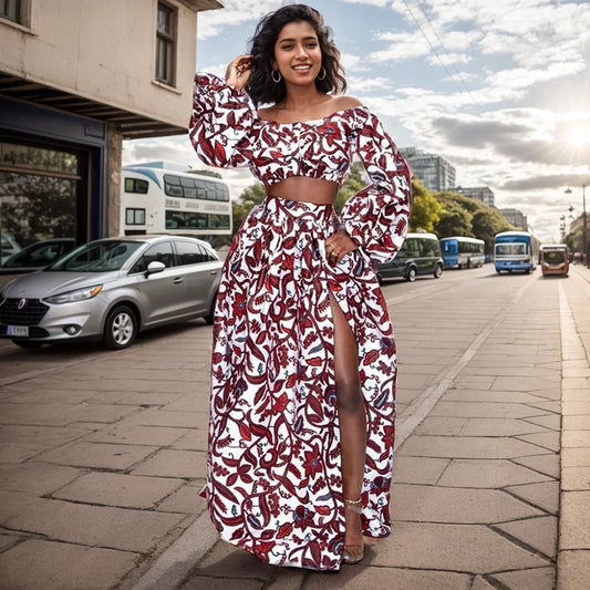 African Heritage Two-Piece Set with Slash-Neck Top & Slit Skirt