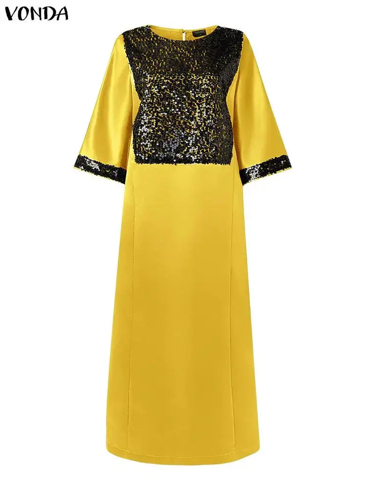 Sequin-Spliced Three-Quarter-Sleeve Maxi Dress