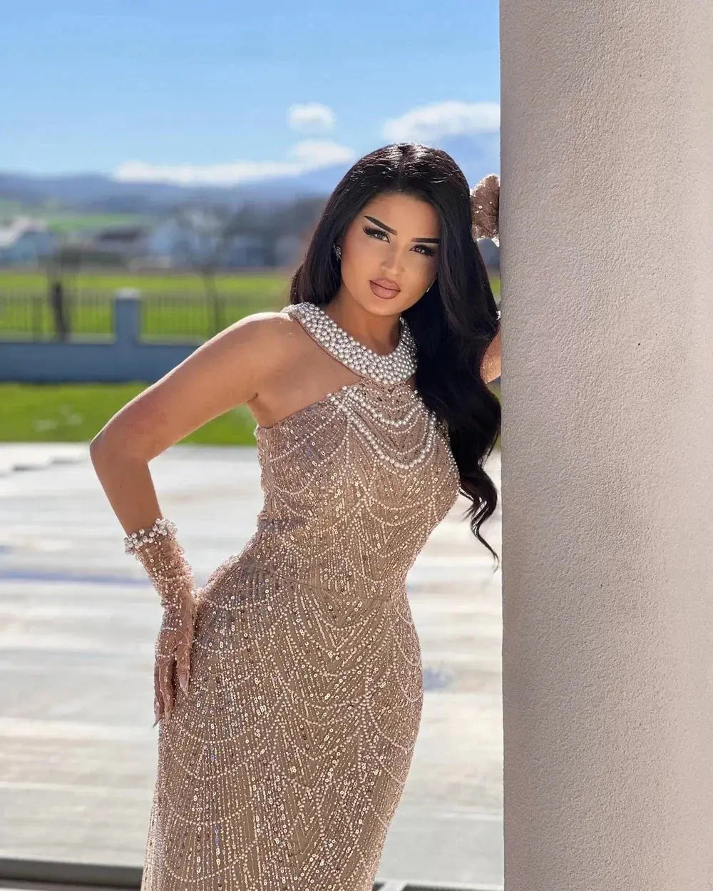 Pearl & Sequin Mermaid Evening Gown