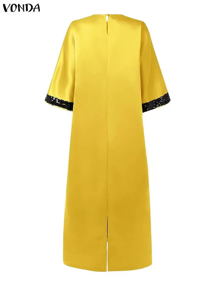 Sequin-Spliced Three-Quarter-Sleeve Maxi Dress