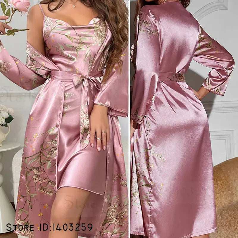 Slip into Luxe: Cherry Blossom Satin Robe Set
