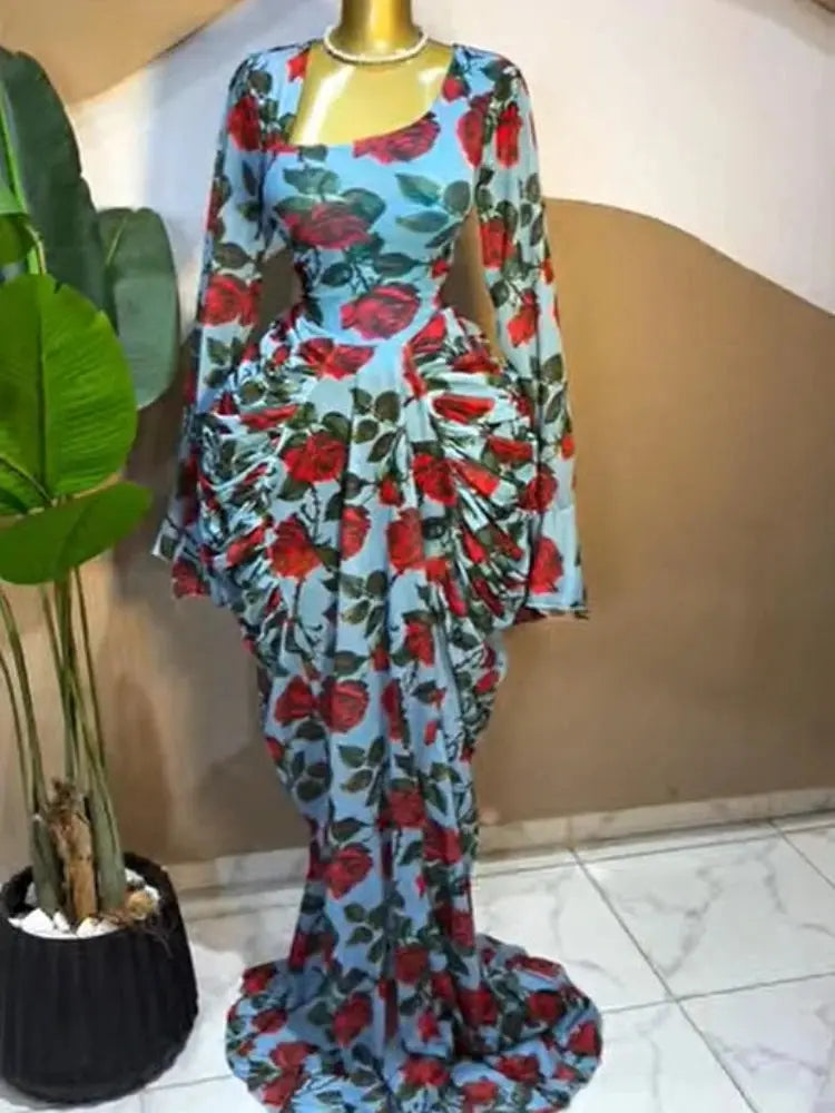 Floral Asymmetrical Ruched Maxi Dress