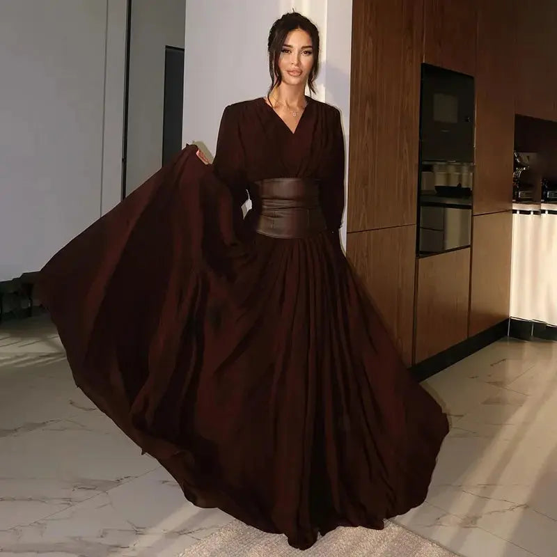 Deep V-Neck Pleated Maxi Dress