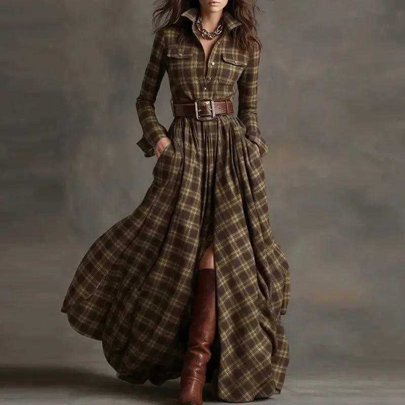 Autumn Whisper Maxi: Swirl in Plaid Elegance