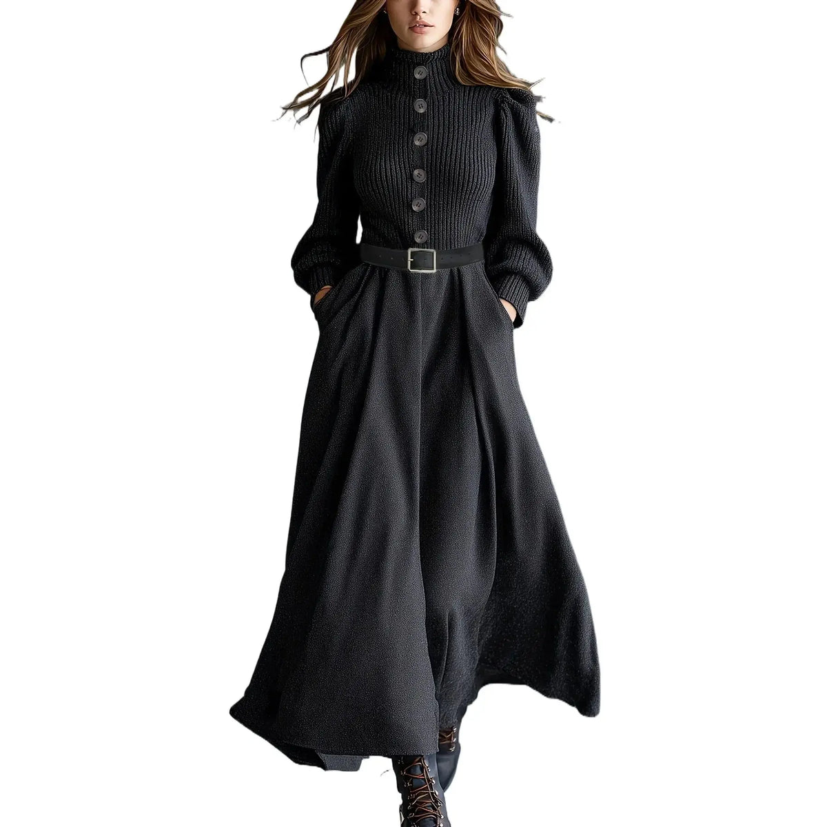 Black Knit Half-Turtleneck Maxi Dress