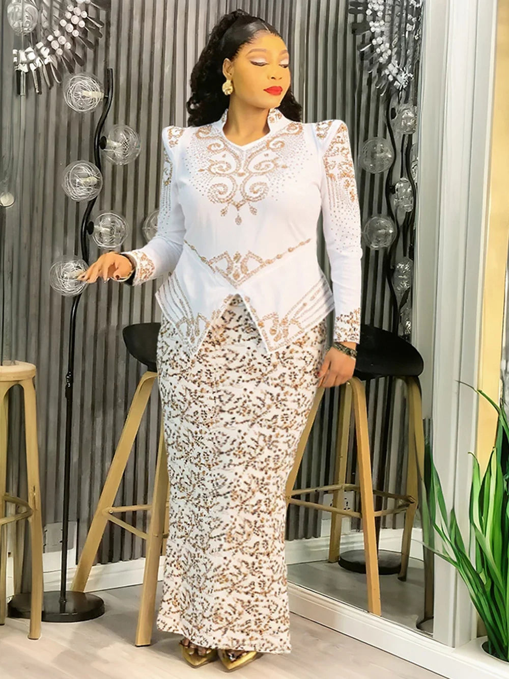 Ankara-Inspired Long-Sleeve Maxi Gown