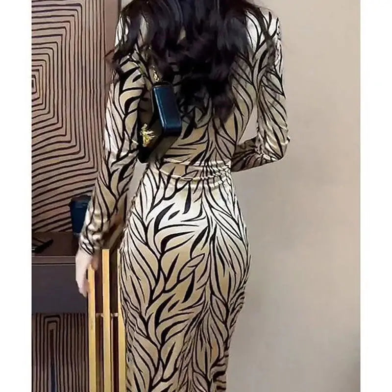 Champagne Leopard-Print V-Neck Midi Dress
