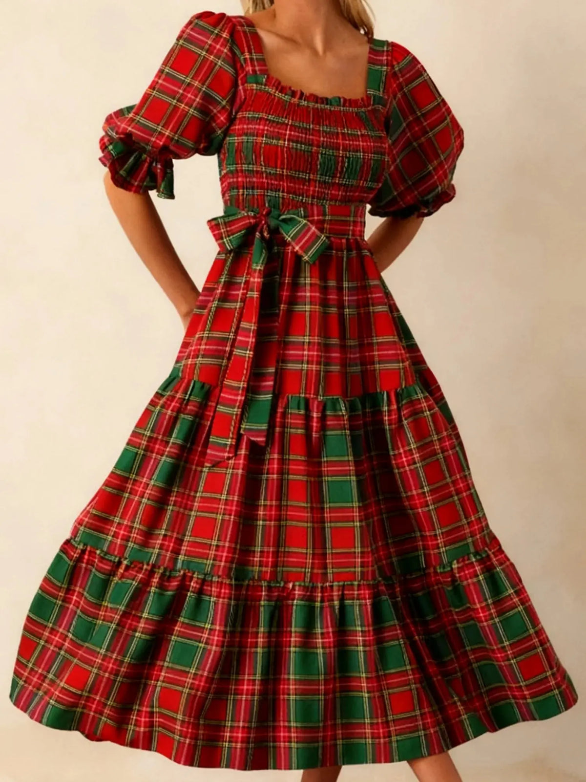 Plaid Bow A-Line Midi Dress