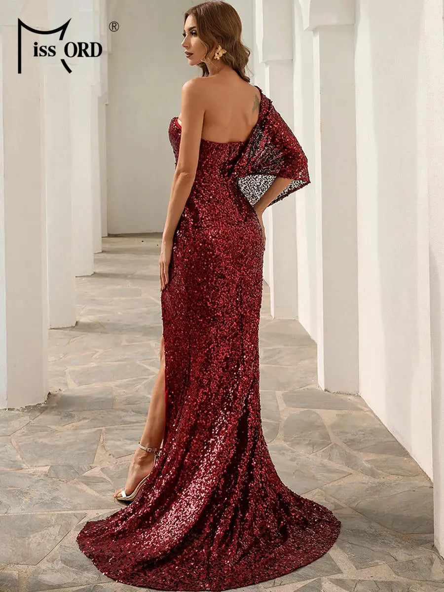 One-Shoulder Sequin Split Gown