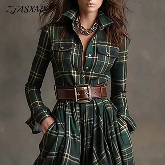 Autumn Whisper Maxi: Swirl in Plaid Elegance