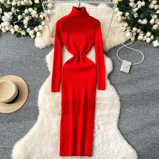 High-Stretch Turtleneck Knit Midi Dress