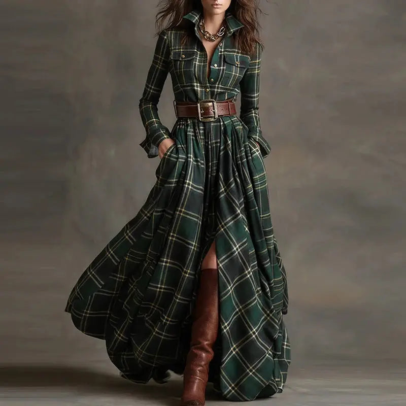 Autumn Whisper Maxi: Swirl in Plaid Elegance
