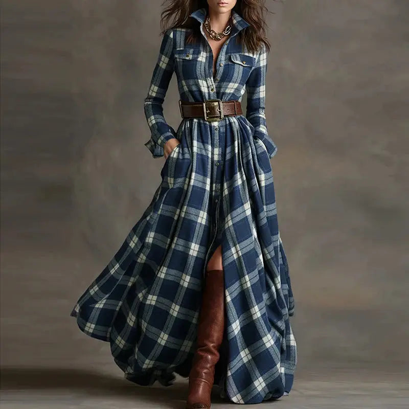 Autumn Whisper Maxi: Swirl in Plaid Elegance