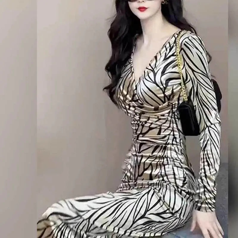 Champagne Leopard-Print V-Neck Midi Dress