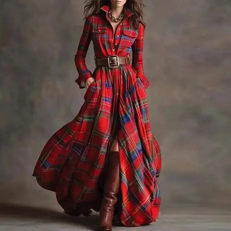 Autumn Whisper Maxi: Swirl in Plaid Elegance