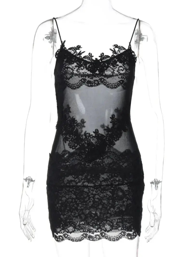 Lace-Patchwork Mesh Mini Dress
