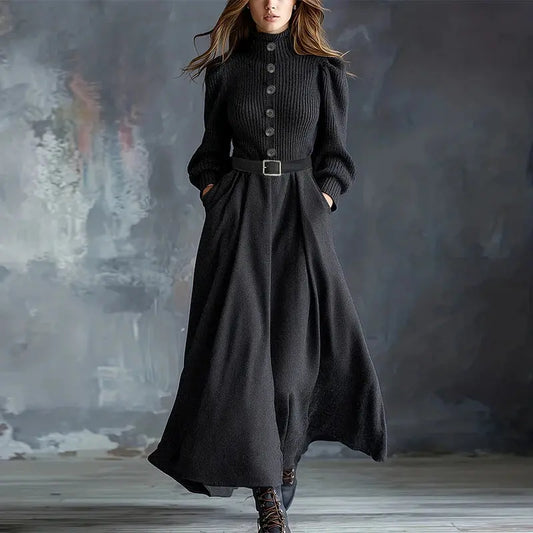 Black Knit Half-Turtleneck Maxi Dress