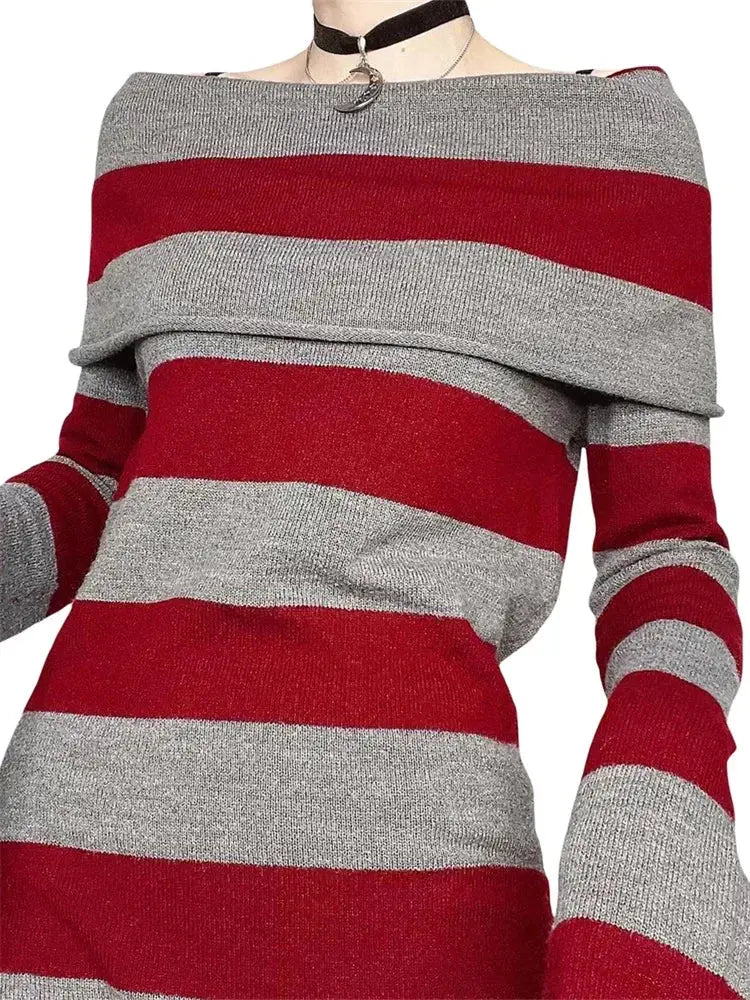 Midnight Striped Boat-Neck Bodycon Dress