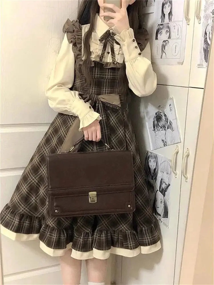 Plaid Bow Ruffle Midi Dress