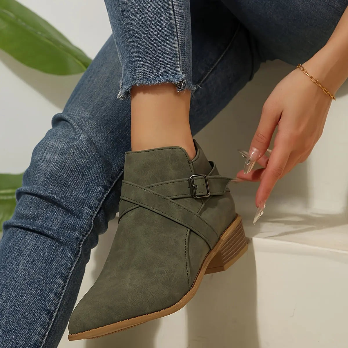 Olive Green Ankle Boots - Block Heel Booties