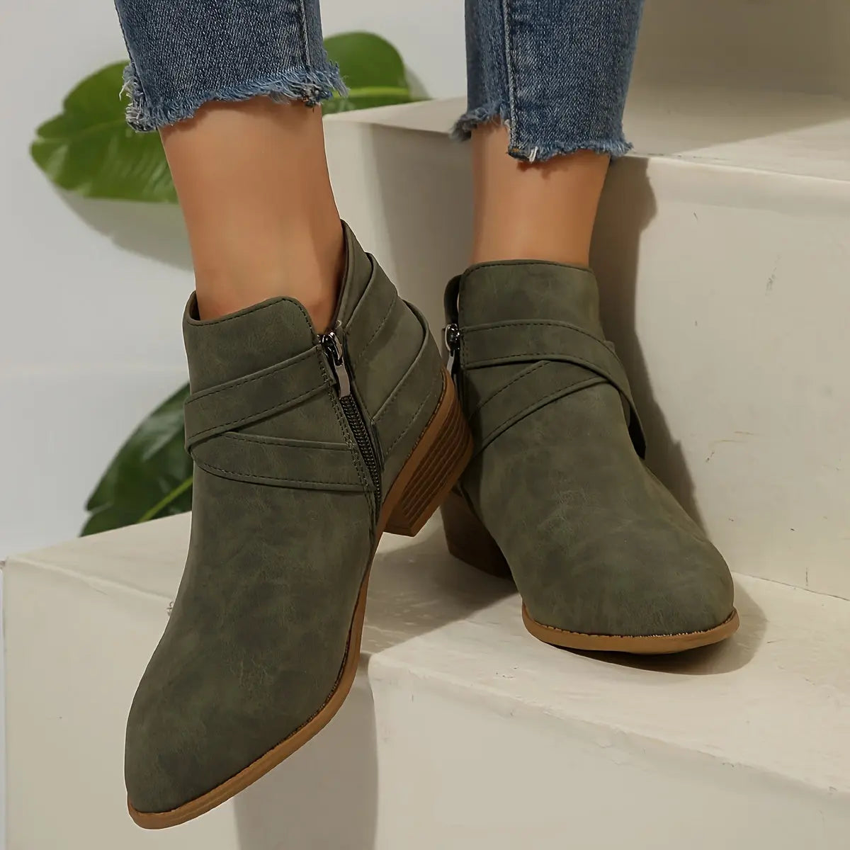 Olive Green Ankle Boots - Block Heel Booties