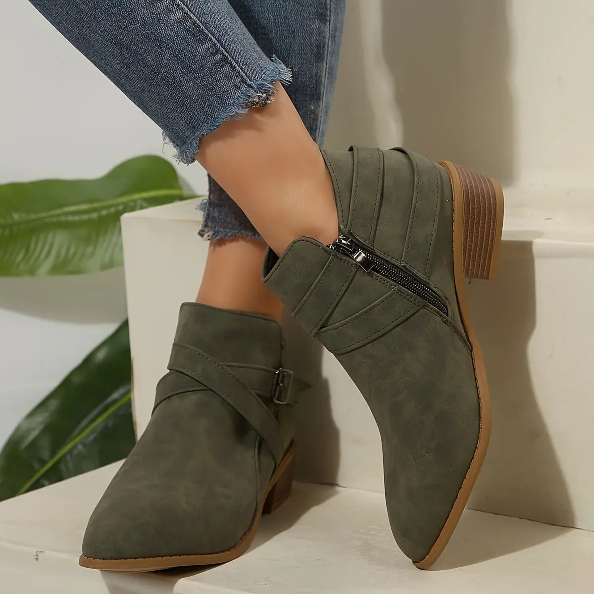 Olive Green Ankle Boots - Block Heel Booties
